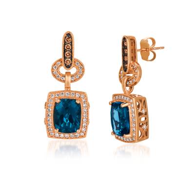 14K Strawberry Gold® Deep Sea Blue Topaz™ 4 3/8 cts. Earrings with Chocolate Diamonds® 1/6 cts., Vanilla Diamonds® 1/2 cts. SVCM10 | E12192