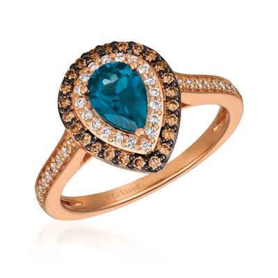 14K Strawberry Gold® Deep Sea Blue Topaz™ 5/8 cts. Ring with Chocolate Diamonds® 1/5 cts., Vanilla Diamonds® 1/5 cts YQXX65 | R22330