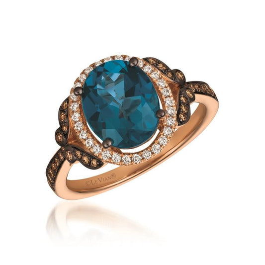 14K Strawberry Gold® Ring | Deep Sea Blue Topaz™ 3 cts. | Chocolate Diamonds® 1/6 cts., Vanilla Diamonds® 1/8 cts ZUNX27 | R22334