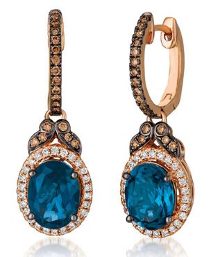 14K Strawberry Gold® Deep Sea Blue Topaz™ 2.80 cts. Earrings with Chocolate Diamonds®  Vanilla Diamonds®.38 cts ZUNX28 | E12193
