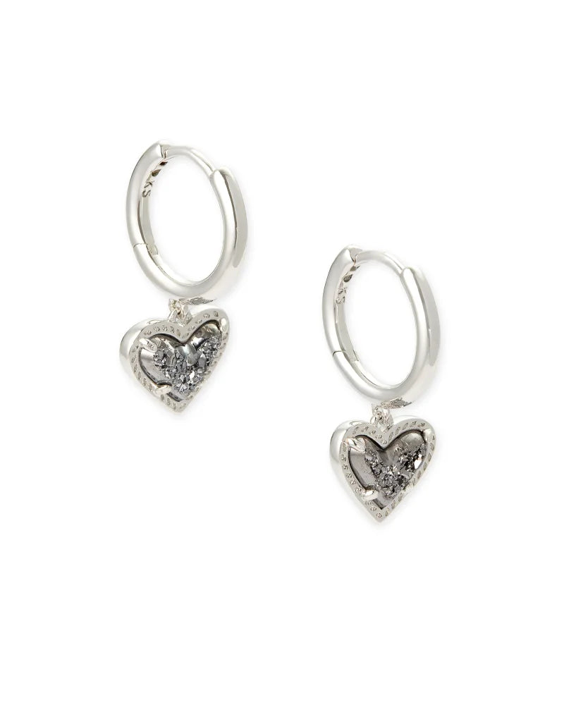 Ari Heart Silver Huggie Earrings in Platinum Drusy | 4217710125