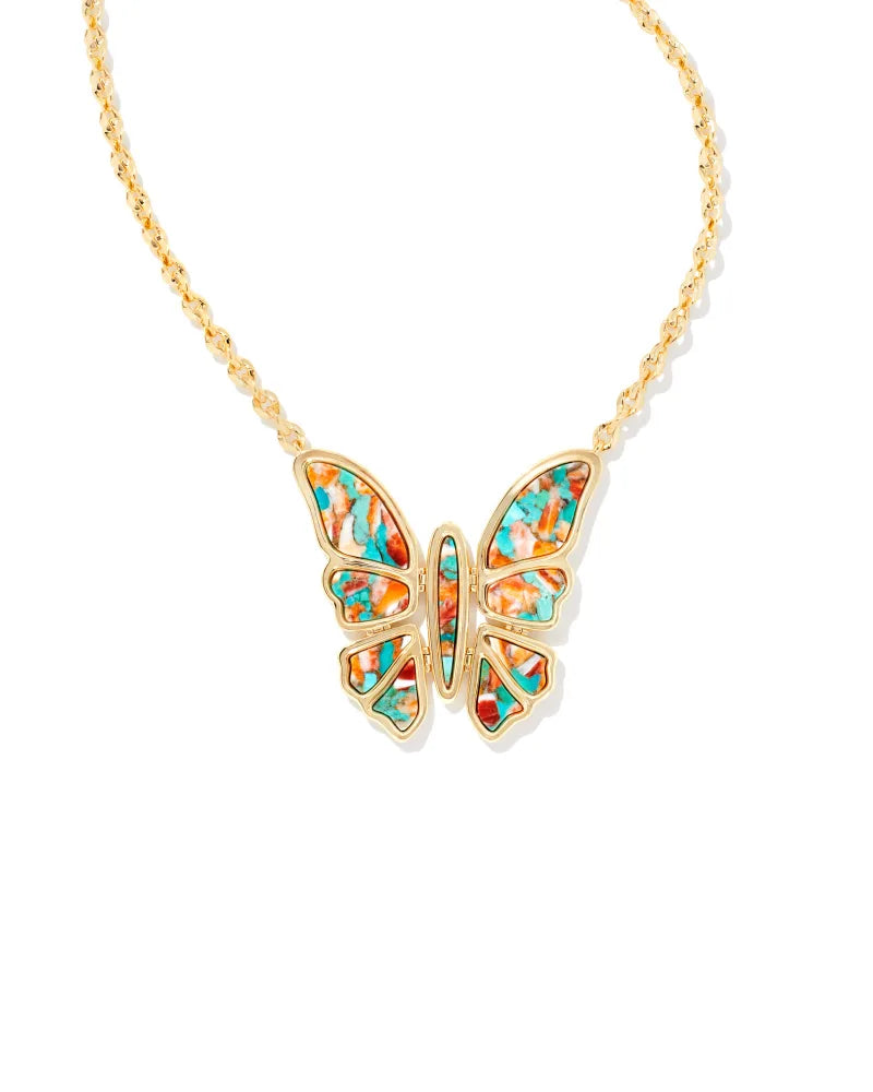 Ember Gold Butterfly Statement Necklace in Bronze Veined Turquoise Magnesite Red Oyster | 9608801782