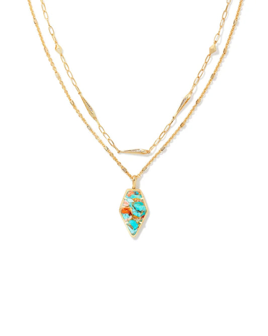 Framed Tessa Convertible Gold Multi Strand Necklace in Bronze Veined Turquoise Magnesite Red Oyster | 9608801817