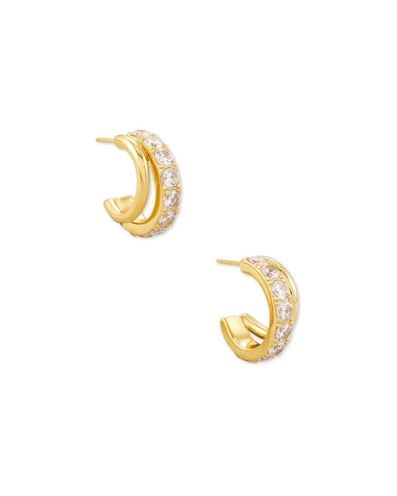 Livy Gold Huggie Earrings in White Crystal | 4217719636
